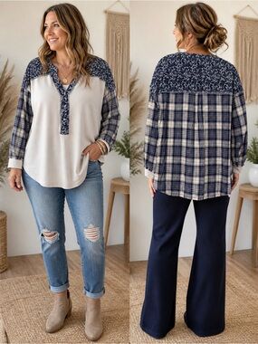 Navy & Cream Mixed-Print Henley Tunic